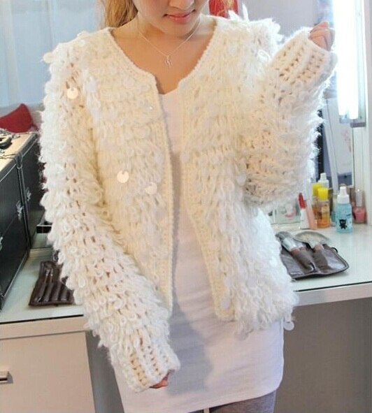 Kvinde pailletter mohair hulstrikket cardigan sweater kvaster jakke paillet kort frakke open stitch streetwear: Hvid