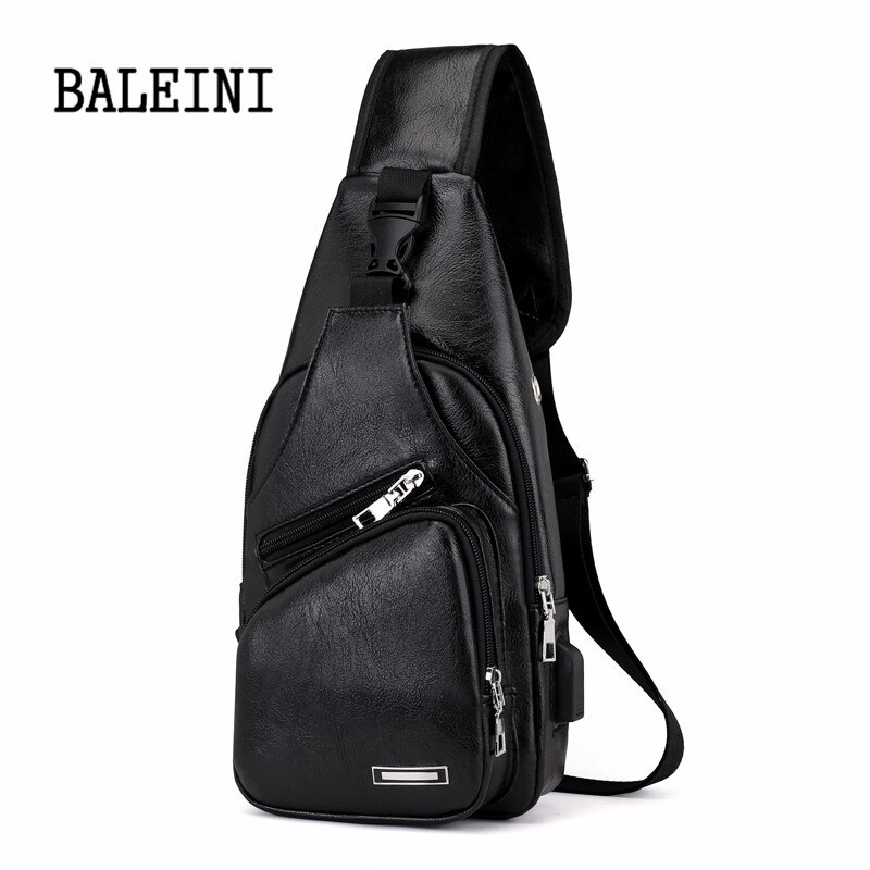 Men&#39;s Crossbody Bags Men&#39;s USB Chest Bag Messenger bag Leather Shoulder Bags Diagonal Package Back Pack Travel: black