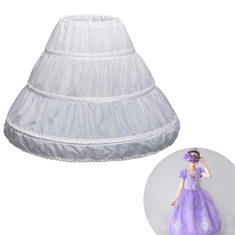 White Children Petticoat A-Line 3 Hoops One Layer Kids Crinoline Lace Trim Flower Girl Dress Underskirt Elastic Waist Drawstring