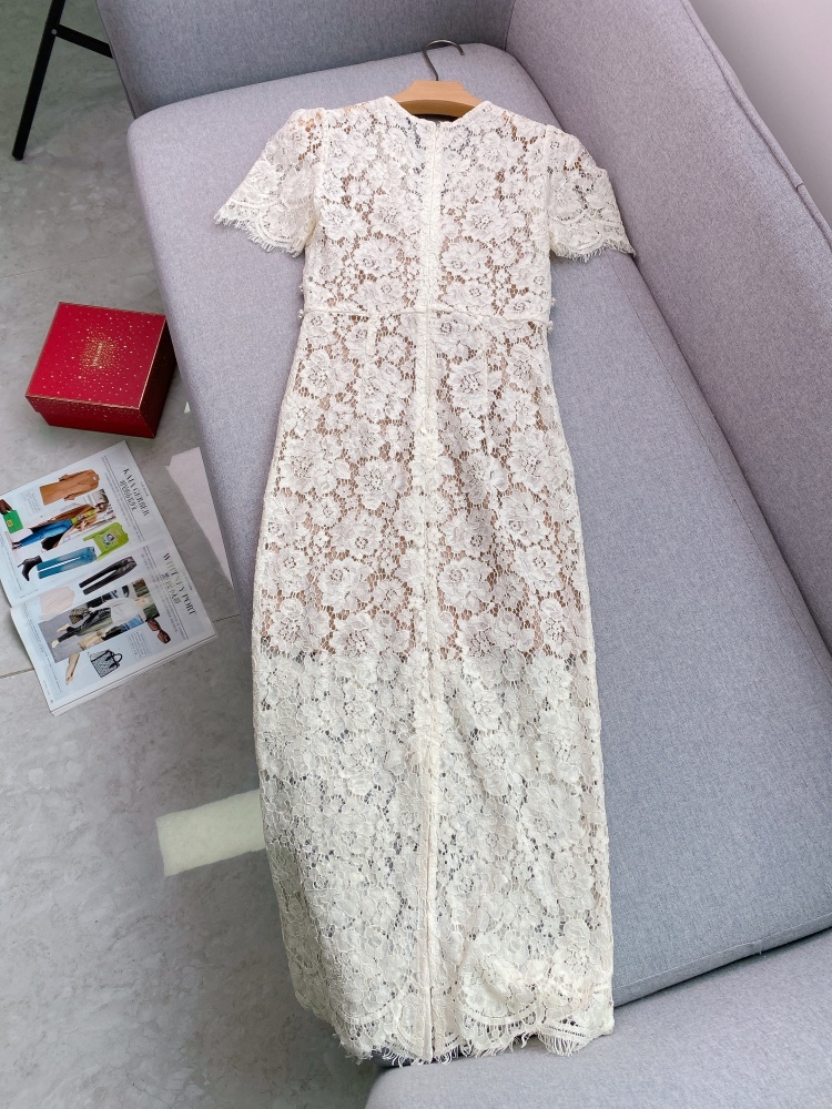 Elegante Spitze Lange Abendkleider Frauen Sommer Kurzarm Perle Kette Bogen Aushöhlen Mantel Bleistift Midi Kleid Party