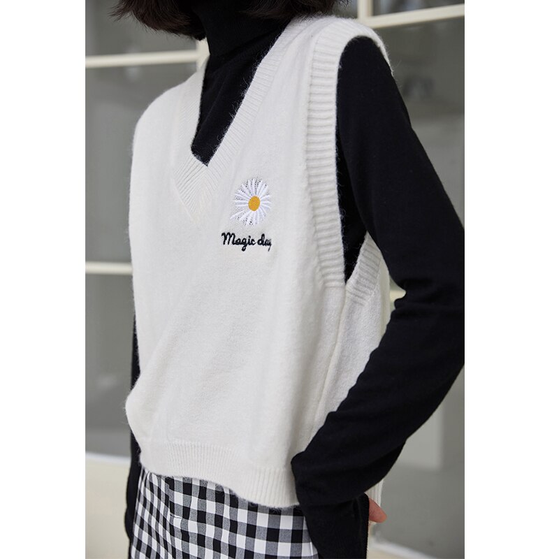 Jesienno-zimowa sweter kamizelka damska dekolt w serek dziergane litery z kwiatowym nadrukiem kamizelka damska bez rękawów luźne damskie kamizelki dzianinowe swetry