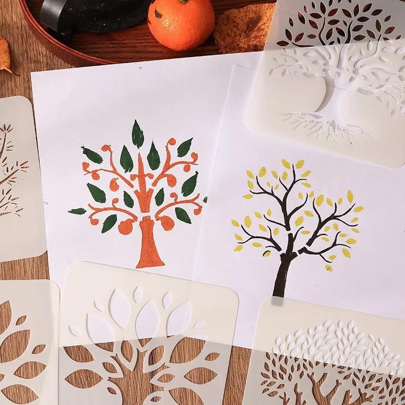 6 unids/set de plantillas de la serie de árboles para pintar y decorar, plantillas de plantillas de árbol de hueco para álbum de recortes, diario, suministros para estudiantes