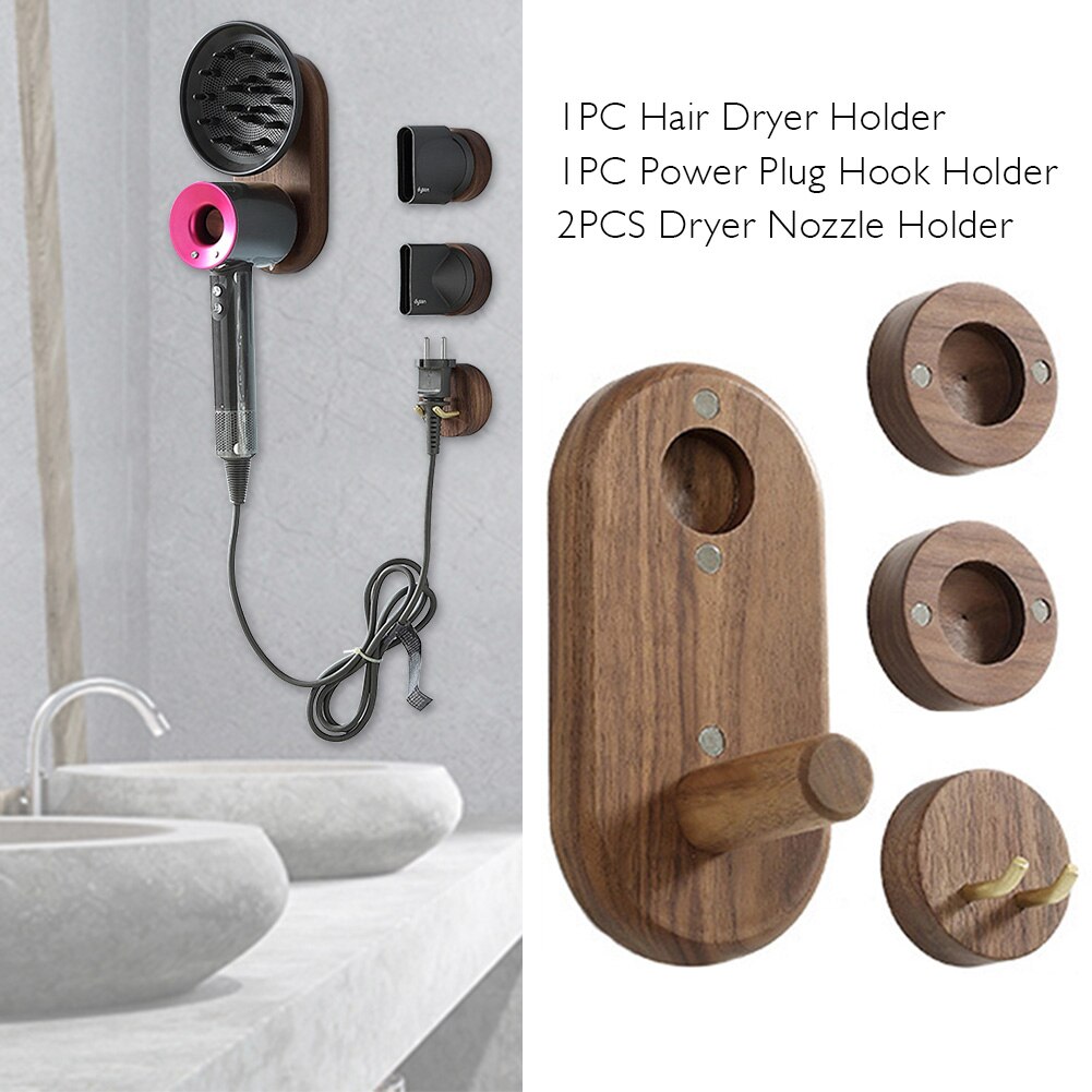 Magnetische Föhn Houder Organizer Nozzles Wall Mount Stand Duurzaam Walnoot Hout Home Decor Rustieke Badkamer Opslag Voor Dyson