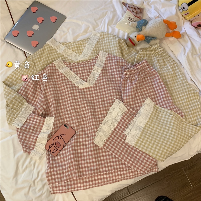 CAIYIER-Conjunto de pijamas coreanos Ulzzang para niñas, ropa de dormir holgada informal de manga larga con cuello en V, ropa de invierno, color rosa