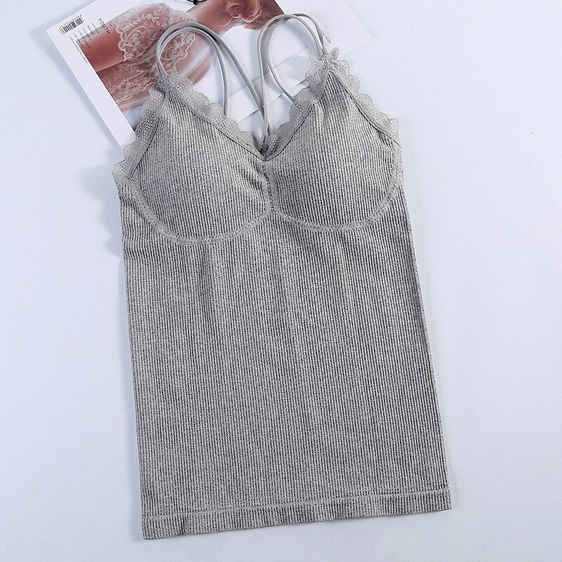 Kant Tops Vrouwen Tank Top Naadloze Tops Vrouwelijke Comfort Soft Ondergoed Top Dikke Herfst En Winter Verwijderbare Pad Hemdje: GRAY
