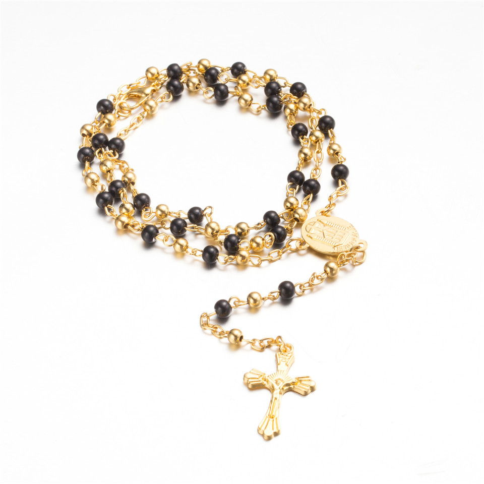 Rosenkranz Halskette Jesus Christus Kreuz Anhänger Halsketten Legierung Perle Lange Kette Mens Frauen Jungfrau Maria Christian Schmuck: J020086B