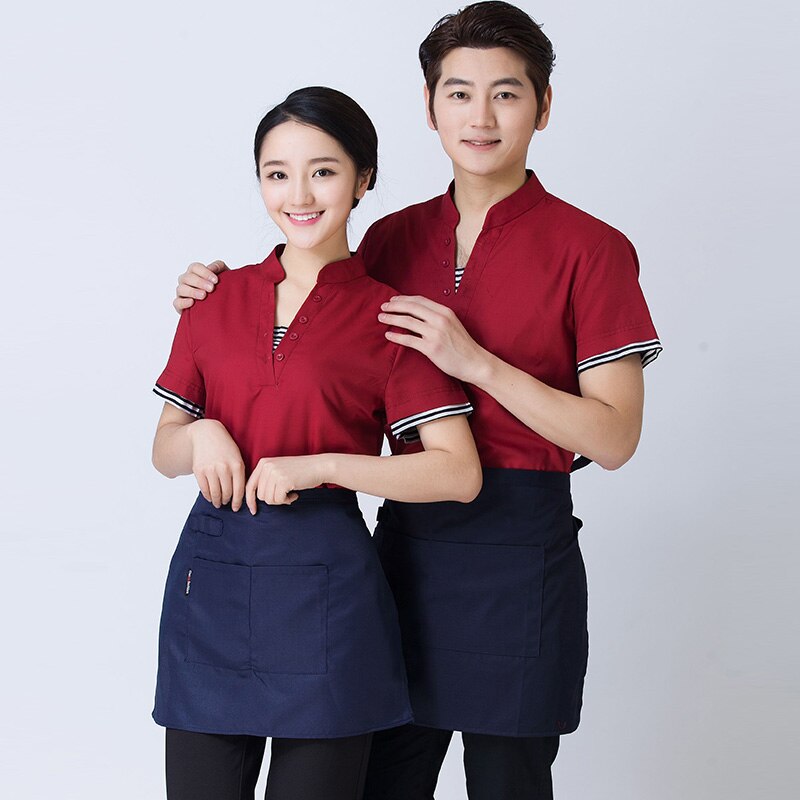 Western Restaurant Work Uniform Coffee House Waiter Short Sleeve Workwear Beer Bar Waitress Clothing Cheap Uniform And Apron Set