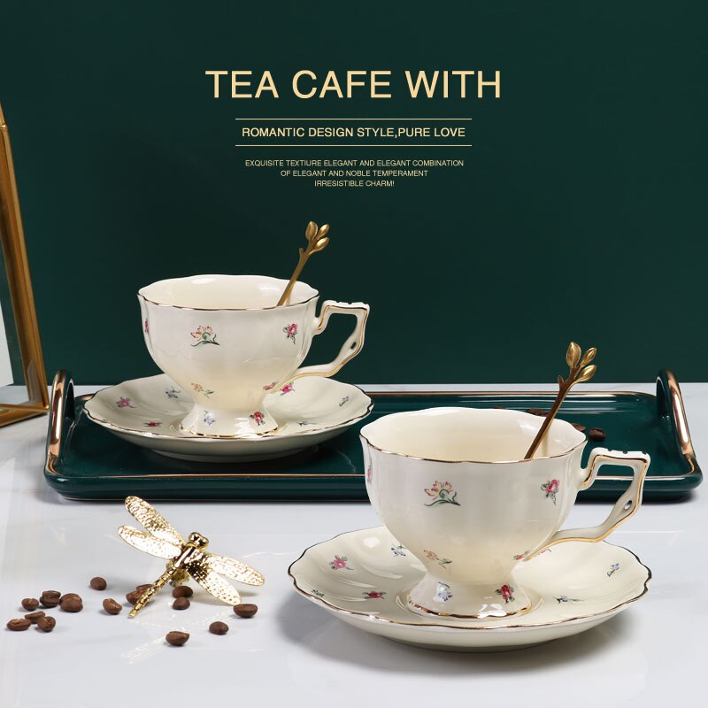 European Coffee Cup and Plate Set Ceramic British Gold Rim Teaware French Fancy Restaurant Afternoon Tea Cup with Saucer Spoon