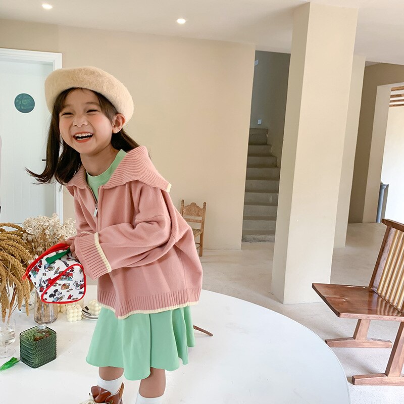 Enfants automne grand revers Cardigan chandails enfant en bas âge garçons et filles à manches longues infantile décontracté couleur unie fermeture éclair manteau hauts
