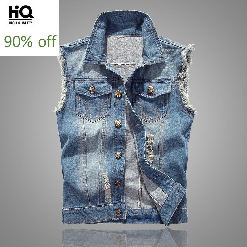 chaleco vaquero para hombre estilo coreano Delgado azul claro sin mangas chaqueta de talla grande 6xl rasgado Chaleco de Jeans para hombre