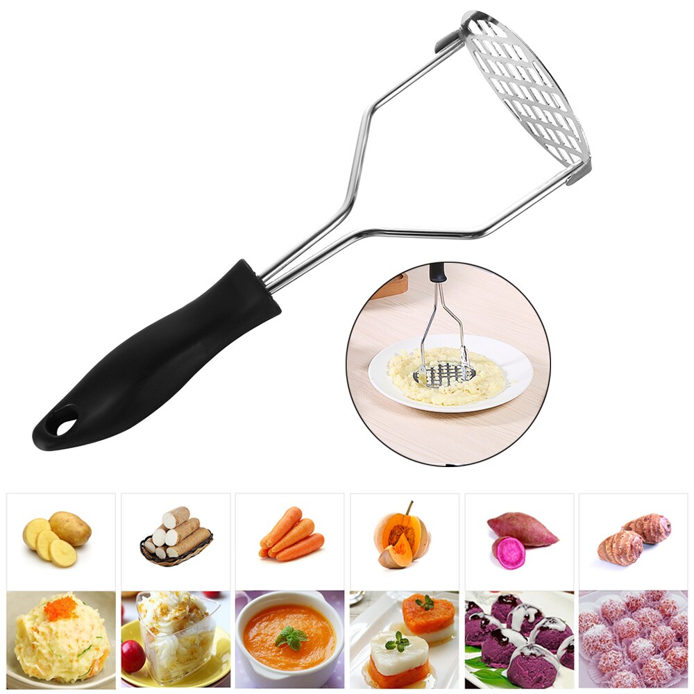 Aardappelstamper Rvs Aardappelpuree Stamper Knoflook stamper Verpletteren Keuken Tool Zwart Handvat Met Gat Voor Opknoping