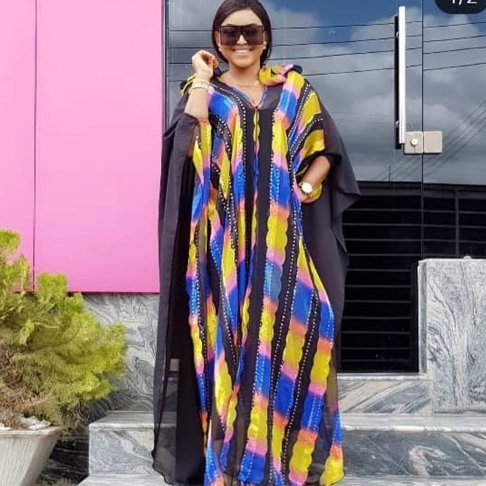 Women Dashiki African Stripe Print Maxi Dress Loose Cloak Chiffon Party Nigeria Clothes Kaftan Robe Muslim Abaya Hijab Dress: yellow
