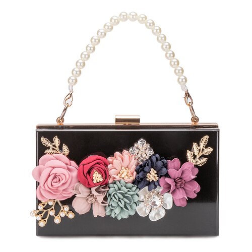 Women Luxury Evening Bags Wedding Party Pearl Flower Bride Handbag Crossbody Clear Hard Box Clutch Transparent Chain Bag: Black with flowers