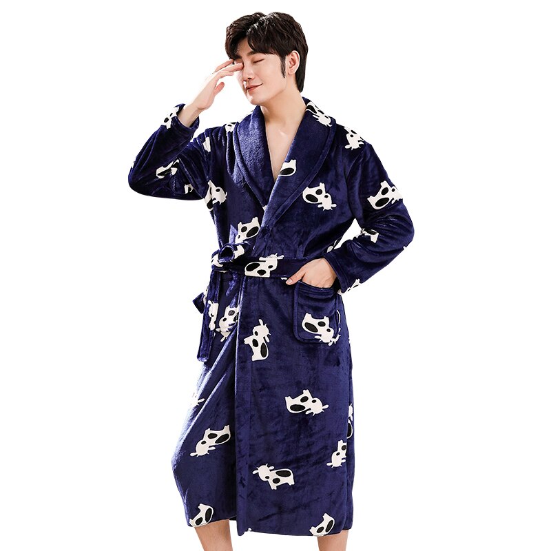 Xizou høst vinter herre pyjamas dyreprint langermet pyjamas nattmorgenkåpe mannlig flanell kimono badekåpe nattøy: misligholde tittel