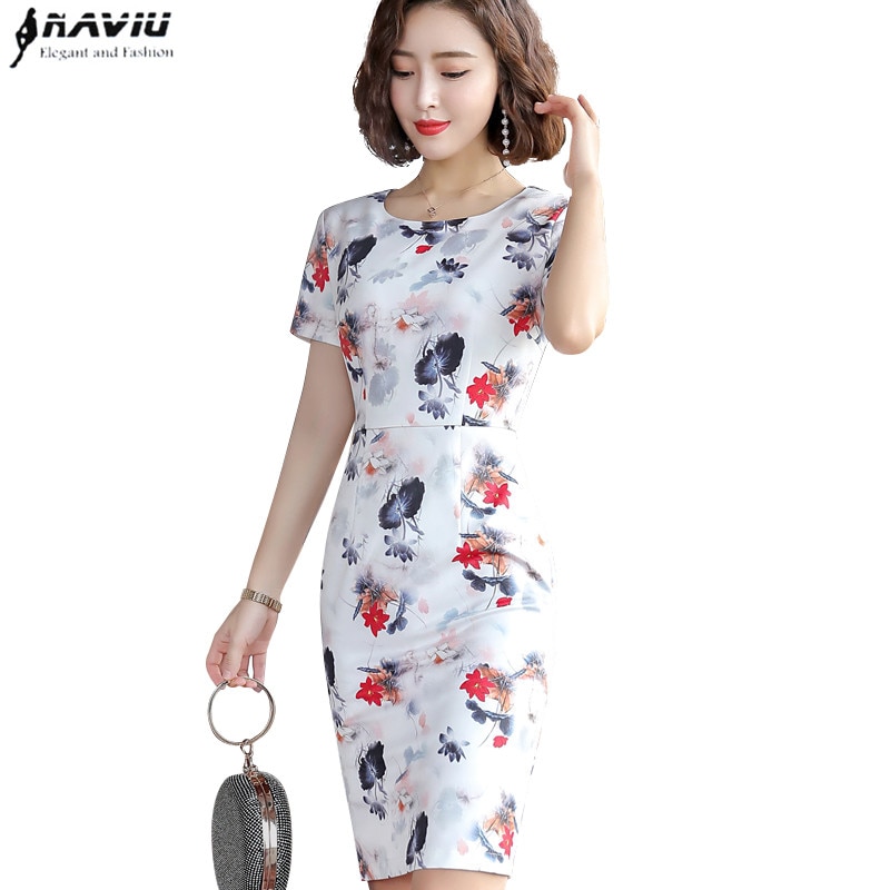 summer floral print one-piece dress office style knee-Length dress for ladies formal clothing unfirm