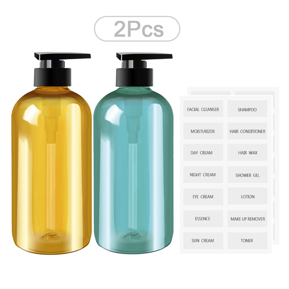 300/500ML Plastic Lotion Bottle PET Large Capacity Shampoo Bottle Soap Bottle Bathroom Refillable Bottle with Sticker: Brown and Blue / 300ml