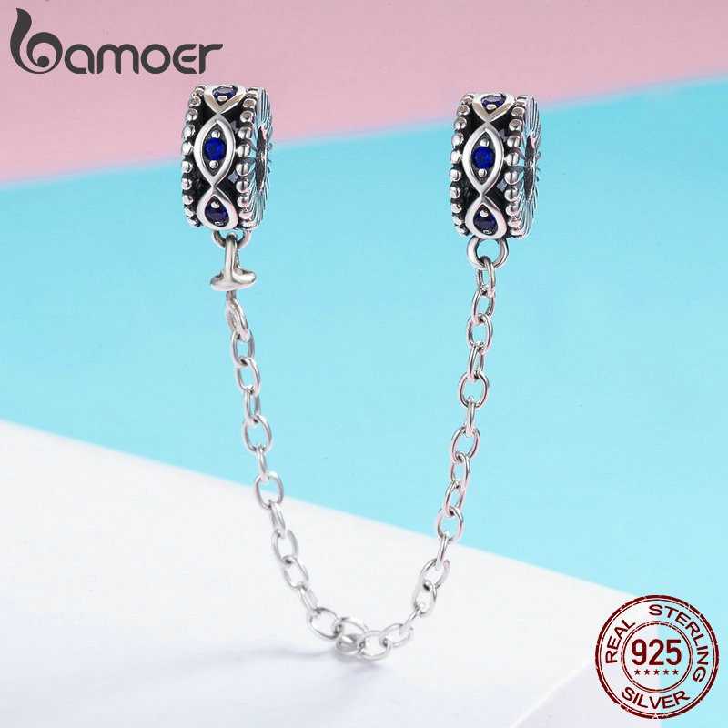 BAMOER 100% 925 Sterling Silver Guardian Blue Eyes Blue CZ Safety Chain Stopper Charm fit Bracelet Bangles DIY Jewelry SCC617