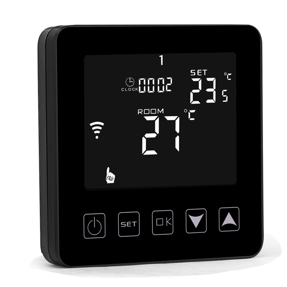 Berøringsskærm programmerbar wifi trådløs opvarmningstermostat til elektrisk, android / ios app kontrolvarmer: Sort