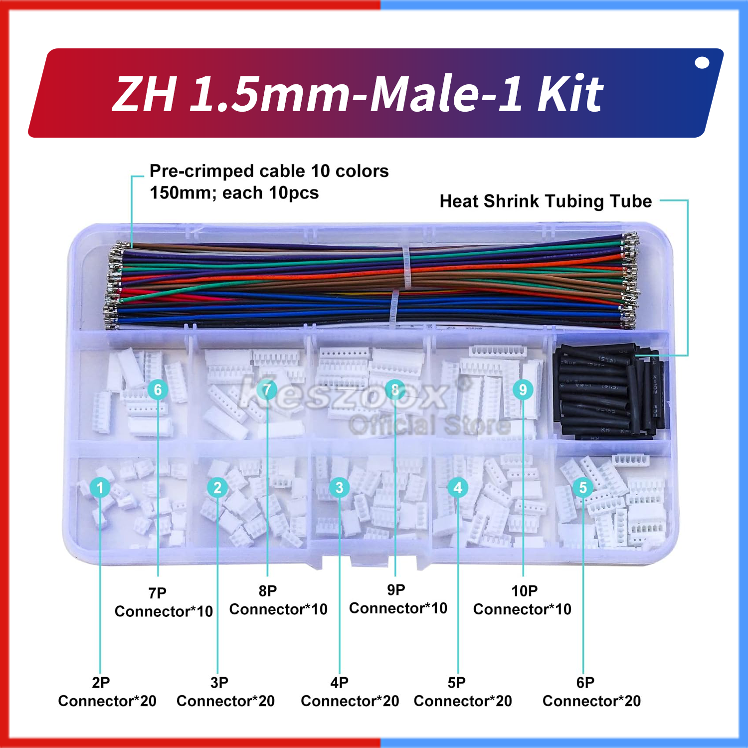 Keszoox jst 1.0/1.25/1.5/2.0/2.5mm- pitch stiksæt jst sh gh zh ph  xh 2-6 -benet hus med prækrympede 22-28 awg-kabler: Lavendel