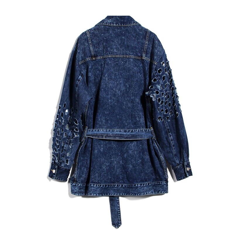 [eam] losse pasvorm beige gaten bandage grote maten spijkerjas revers lange mouw damesjas tij lente herfst 1 y 917