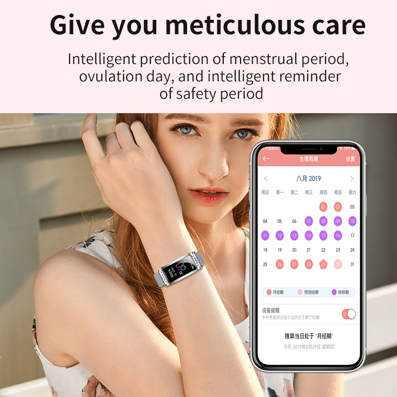 Smartwatch Damski F28 - Tętno, Ciśnienie Krwi, Tlen, Przypomnienie o Okresie, Bransoletka Fitness