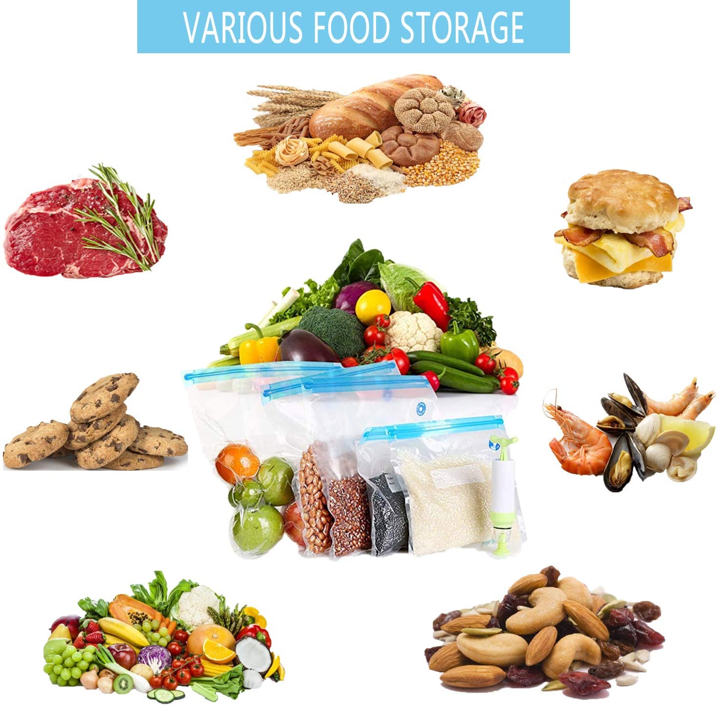 Bolsas de plástico para cocina, bolsa de alimentos al vacío, bolsa de conservación de alimentos, bolsa reutilizable para congelador, bolsas de almacenamiento de sellado, bolsas de mantenimiento fresco para verduras