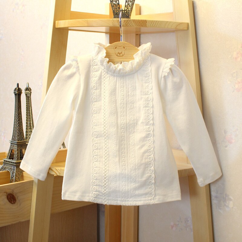 Pige bluse forår baby pige skjorte børnetøj langærmet bomuld hvid blonder piger skjorte blusas børnetøj  dq955