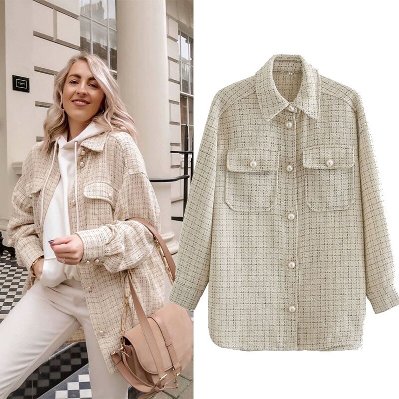 Dame efterår tweed jakke femme vinter femme frakke med turn-down krave med lomme lange ærmer oversize outwear frakke
