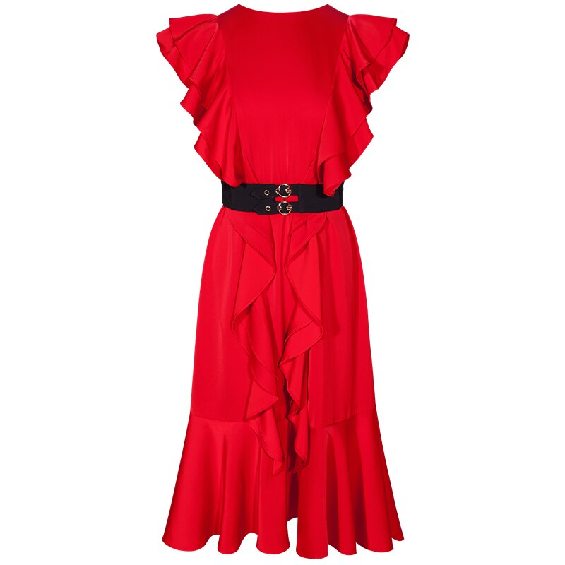 YIGELILA automne nouveautés robe rouge col rond sans manches de robe de fête de mariage genou-longueur à volants manches robe 65374