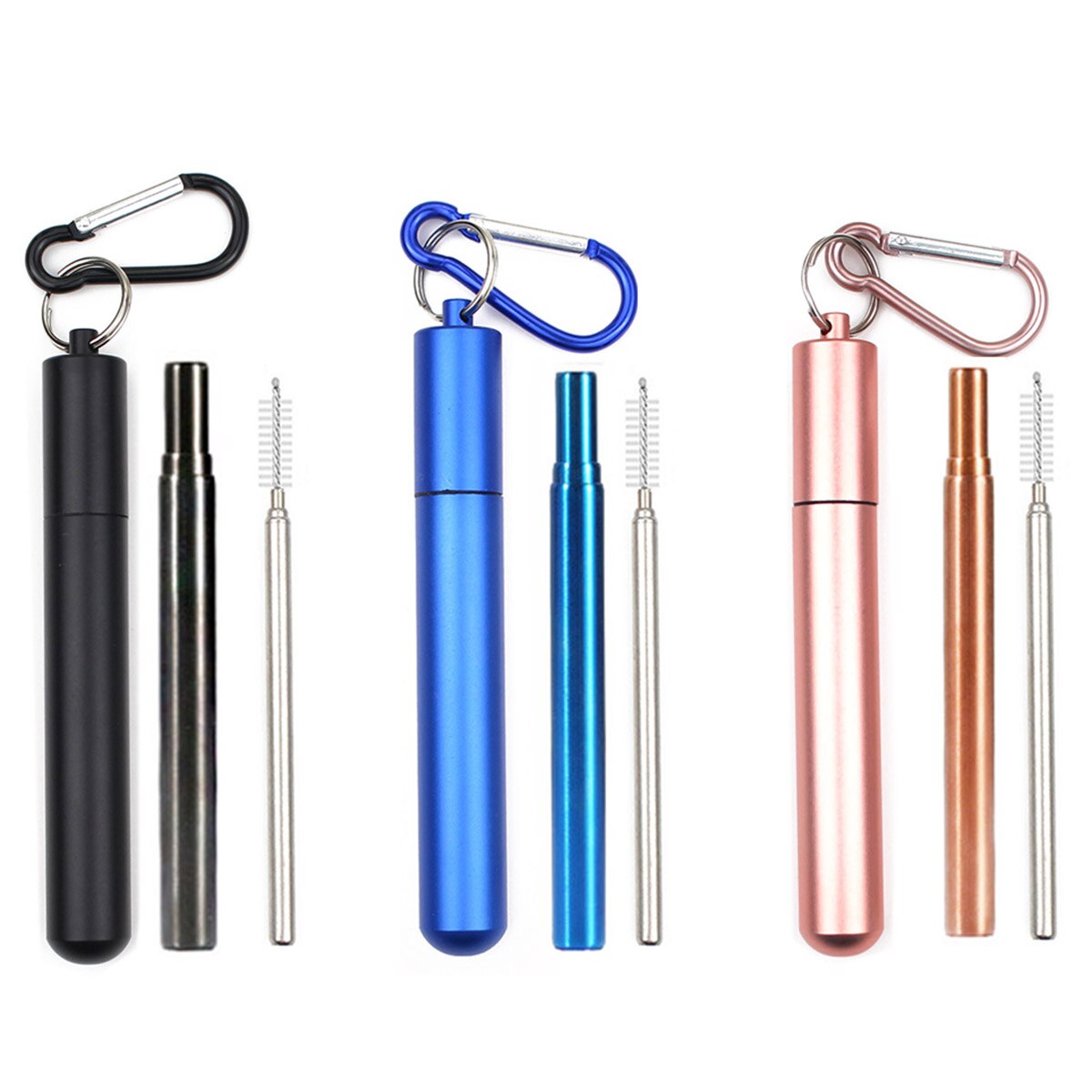 Reusable Stainless Steel Straws with Aluminum Keychain Case Cleaning Brush Collapsible Telescopic Portable Drinking Straws