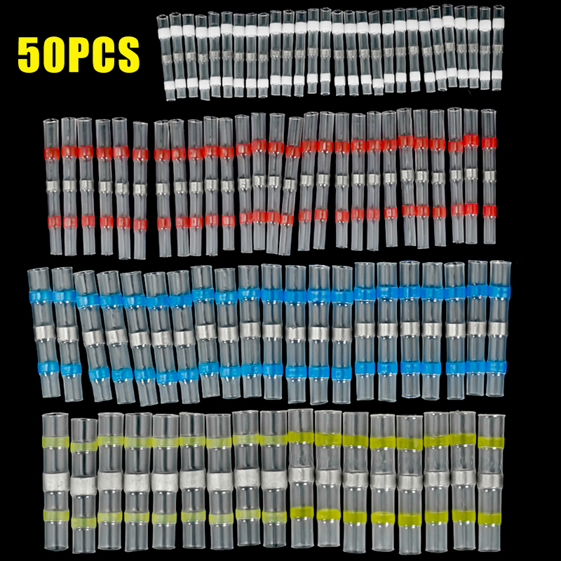 50 Uds. Terminales de conectores de cable de tubo termorretráctil con sello de soldadura impermeable con manguitos de soldadura