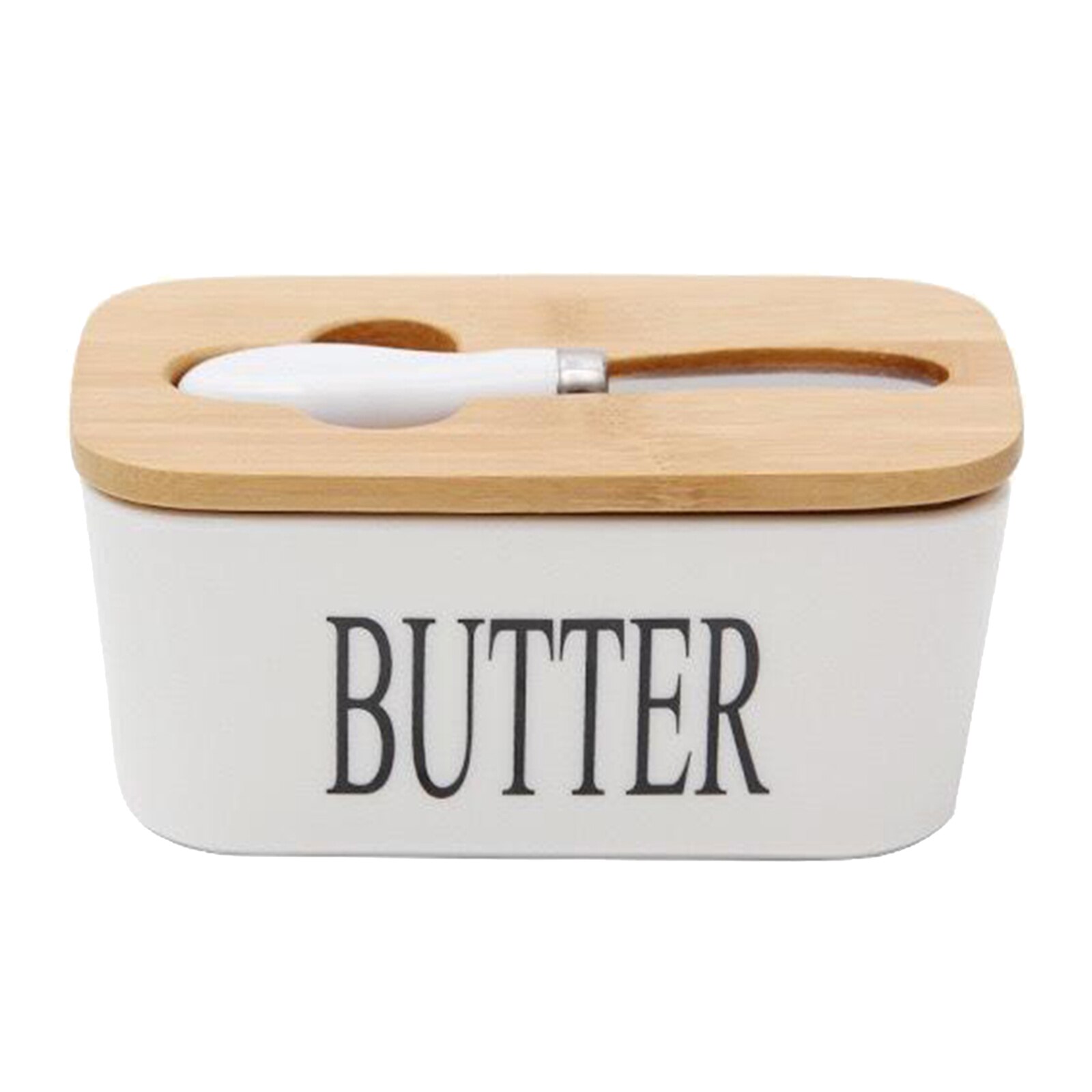 Butter Dish Ceramic Butter Container Keeper with Wooden Lid and Steel Knife, Eay to Clean, 2 Sizes Available to Choose