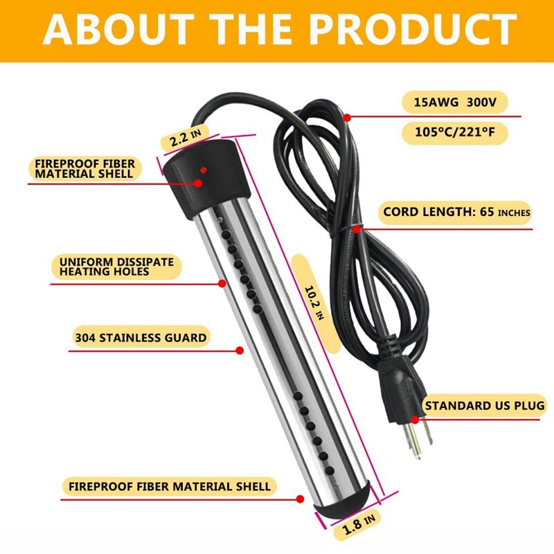 Immersion Heater,Portable Electric Water Heater with Stainless Steel Guard,Submersible Water Heater for Pool,Us Plug