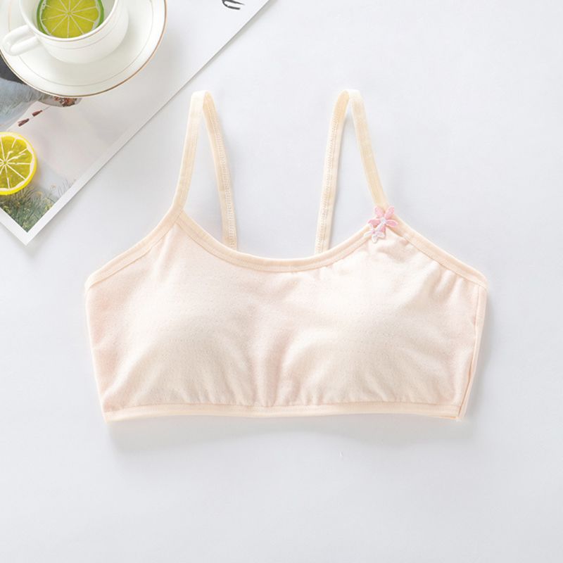 Puberty Girls Cotton Training Bra Spaghetti Strap Wire Free Sport Underwear Lightly Padded Embroidery Floral Brassiere