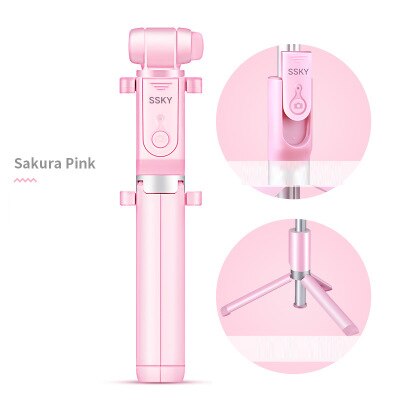 Selfie stick stativ stander 3 in 1 udtrækkelig monopod bluetooth 3.0 fjernbetjening telefon mount til iphone  x 8 android smartphone: Lyserød