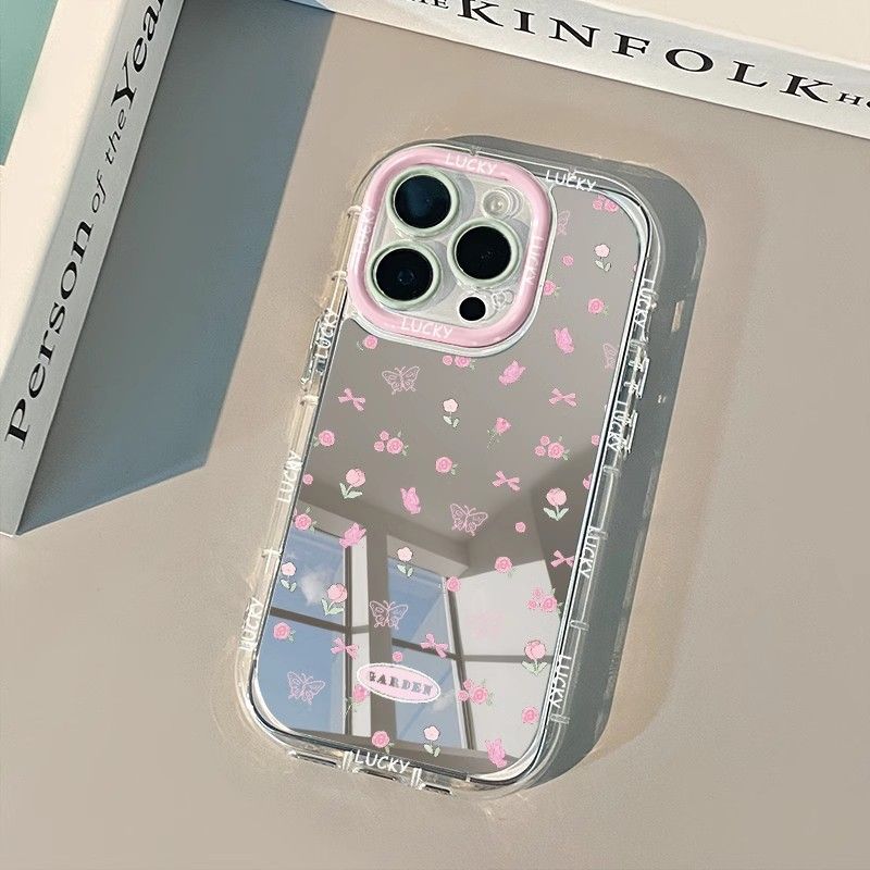 Funda de teléfono con espejo y lazo de flor rosa Simple para iPhone 16 15 14 13 12 11 Pro Max XR XS MAX 7 8 PLUS MINI Y2K, funda a prueba de golpes: Lona