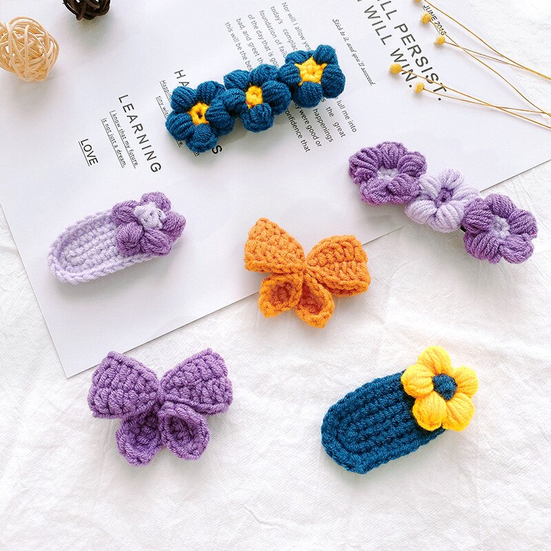 Horquillas con lazo de flores para bebé, pinzas para el pelo de lana tejidas a mano, accesorios para el cabello de niña pequeña, accesorios para el invierno