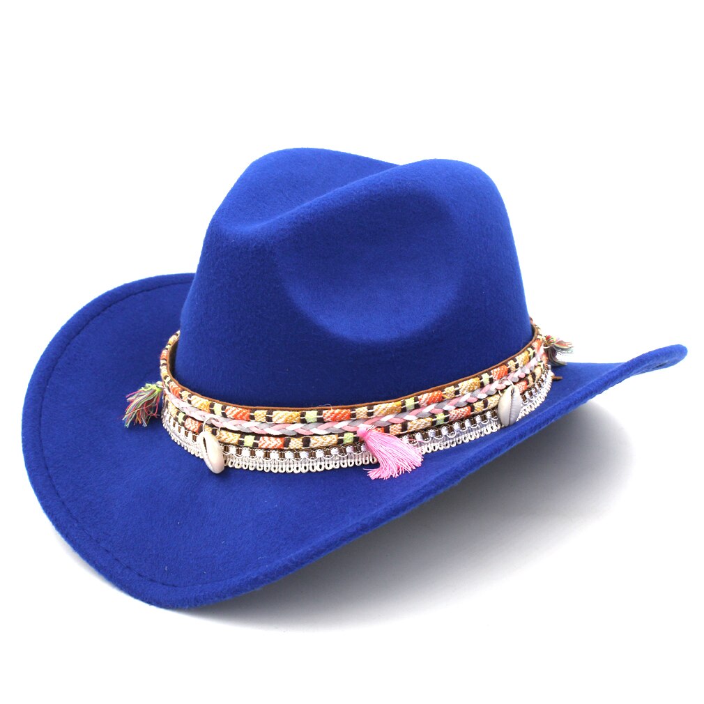 Mistdawn kvinder damer uld bred rand vestlige cowboy hat cowgirl ridning kostume kasket kvast boheme hatbånd størrelse 56-58cm bbd: Blå
