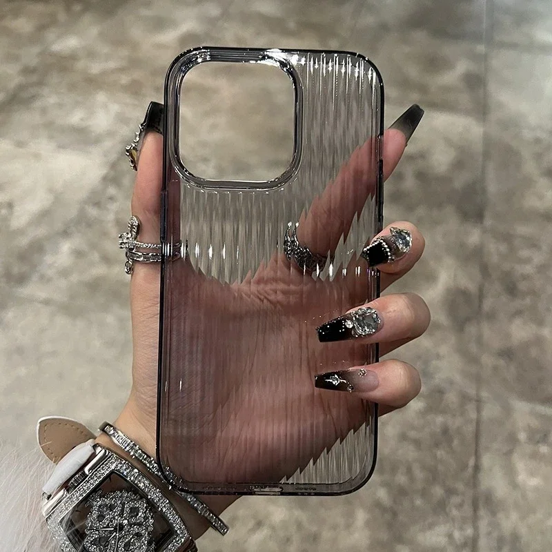 Soft Corrugated Transparent Phone Case For iPhone 11 12 13 14 15 16 Pro Max Plus Shockproof Silicone Clear Bumper Cover: PE / black