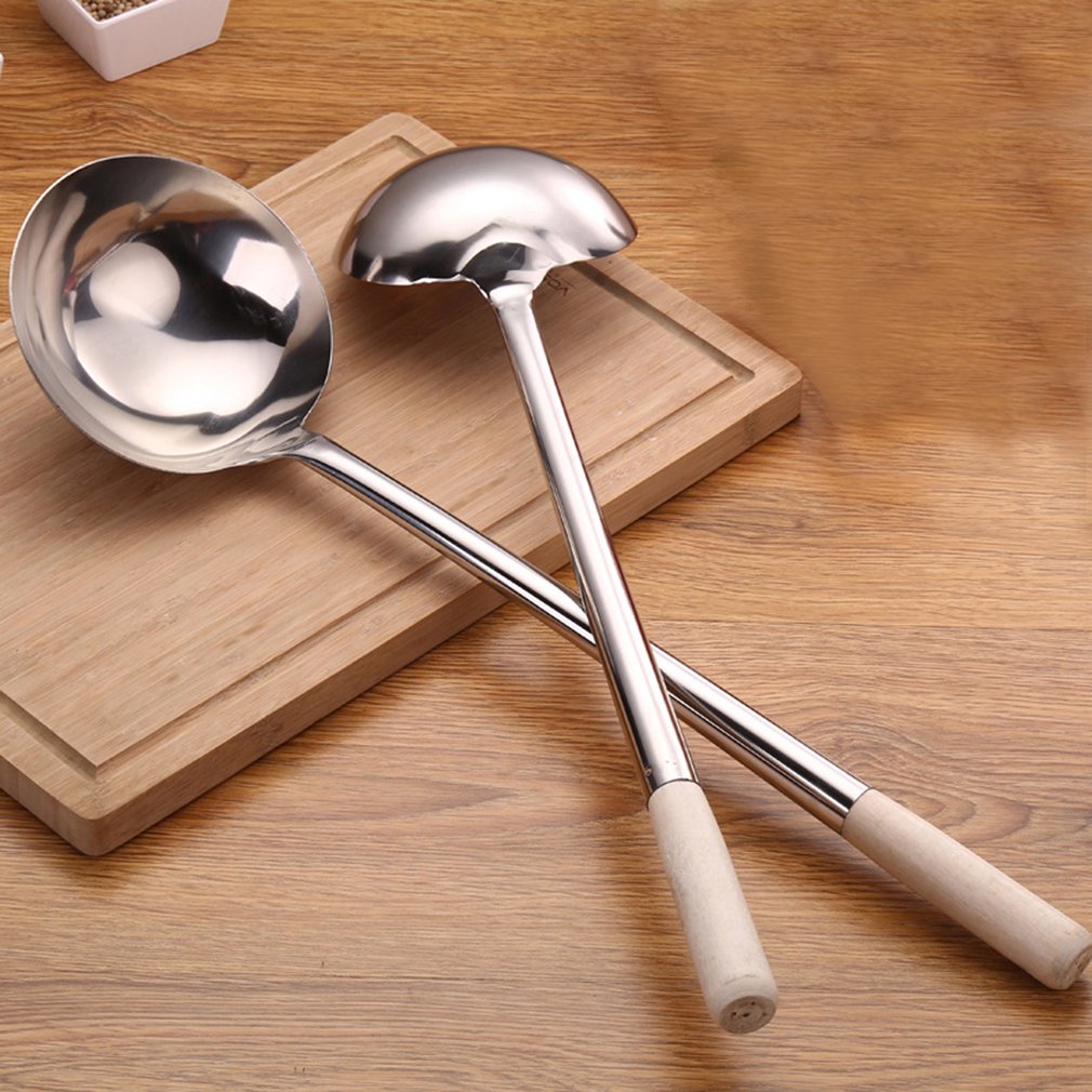Stainless Steel Cooking Shovel With Wooden Handle Portable Household Spoon Cook's Frying Spoon Stir Fry Spoon