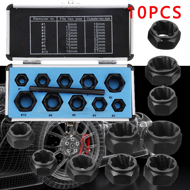 11pcs/Set Damaged Bolts Nuts Screws Remover Extractor Removal Tools Set Threading Tool Kit Black Nuts And Bolts Extractors Box