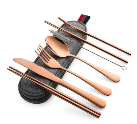 8 pçs/set utensílios de mesa reutilizáveis conjunto de talheres de viagem conjunto de utensílios de acampamento com colher de aço inoxidável garfo pauzinhos palha caso portátil: Borgonha
