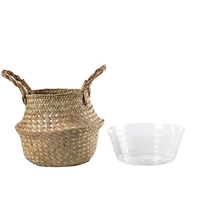 20cm Handmade Rattan Woven Basket with Waterproof Cover Foldable Seagrass Clothing Storage Basket Home Decor Flowerpot Organizer