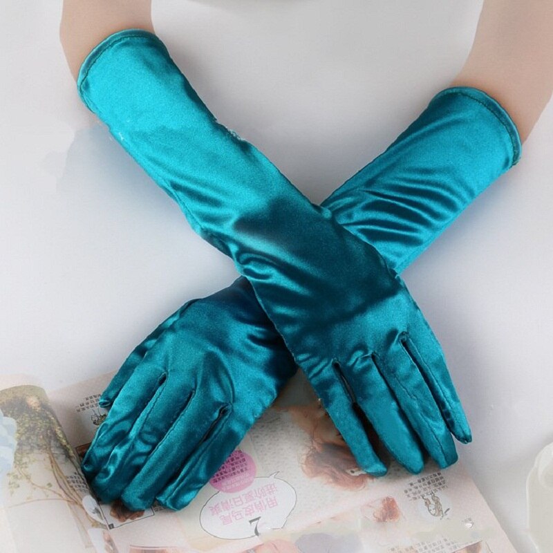 Blå grå guld gul rosa handskar för bal party one size stretch satin armbåge finger kvinnor guantes boda handskar  st017