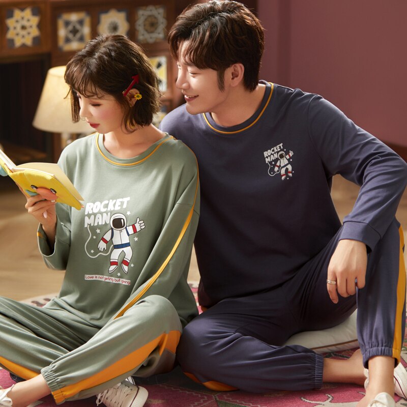 Conjunto de pijamas de pareja con estampado a cuadros otoño e invierno cálido algodón mujer y hombre Pijamas de manga larga ropa de dormir hombres Lounge Pijama