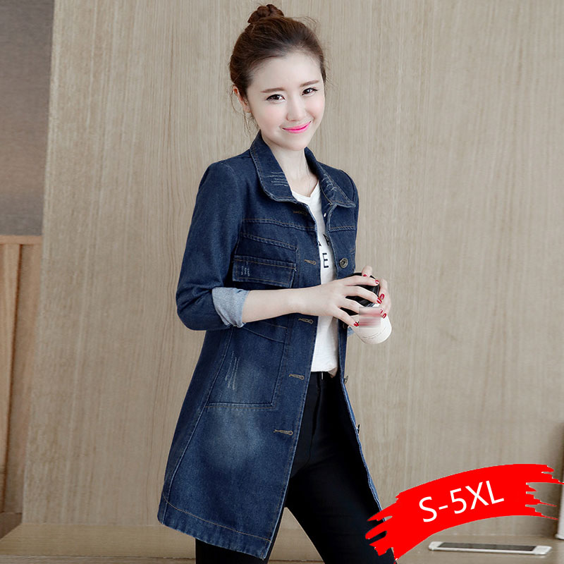 Høst vinter koreansk dongerijakke dame slank lang base coat dame frynsete marineblå plus size jeans jakker jakker kul 5xl