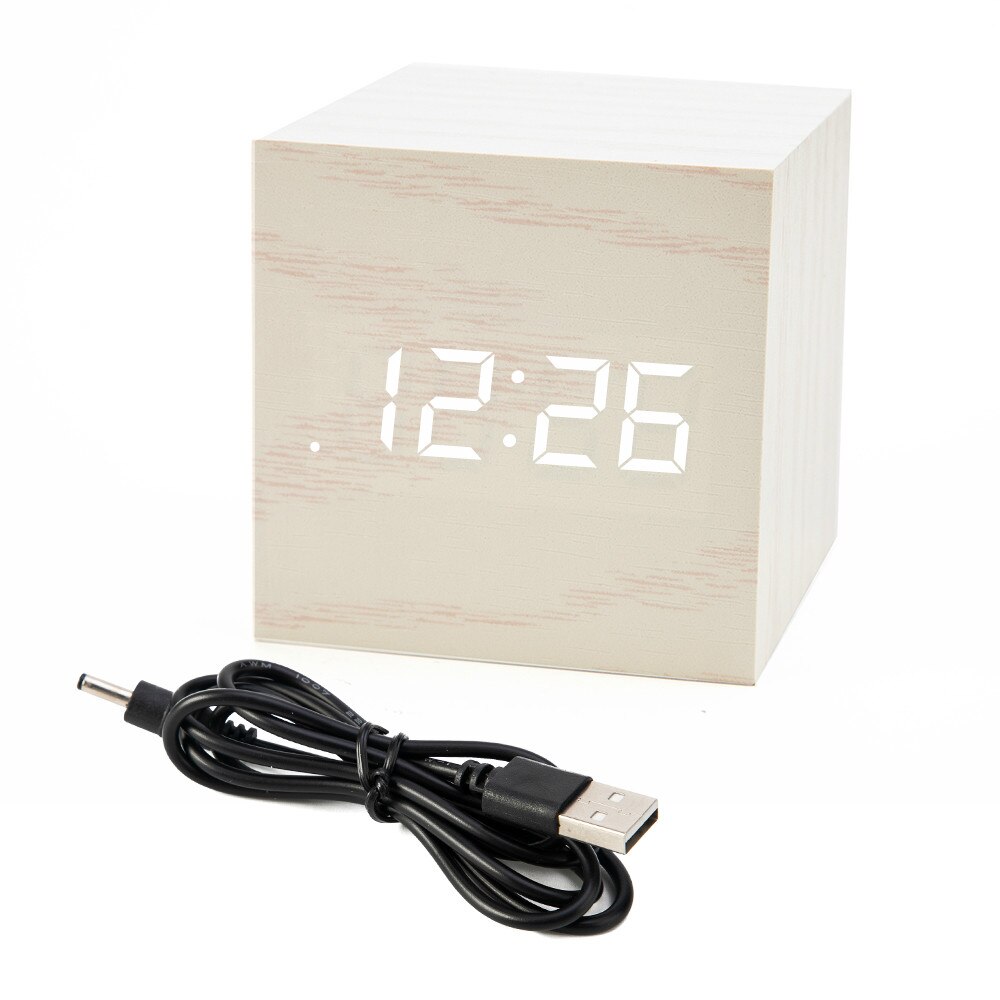 ! mini digital trä led väckarklocka trä retro glöd klocka skrivbord bord dekor röststyrning snooze funktion skrivbord kalender: Vitt trä vitt