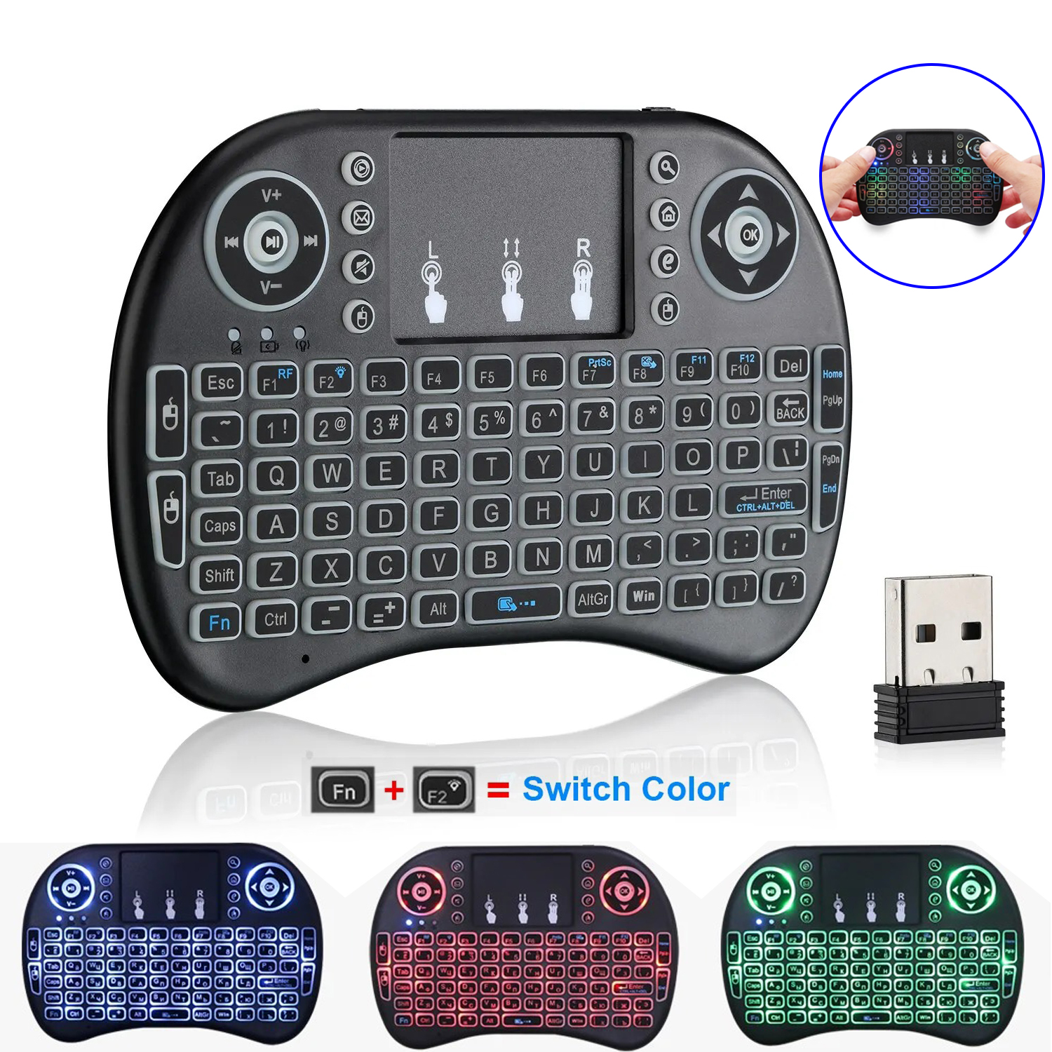 3-farbige hintergrund beleuchtete i8 Mini-Tastatur 2,4 GHz Luftmaus englische russische Tastatur mit Touchpad-Handheld für Android-TV-Kasten