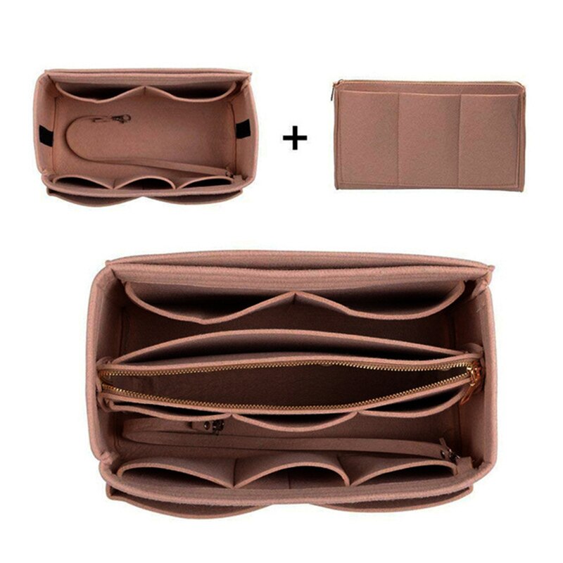 Popular Women's Makeup Organizer Felt Cloth Insert Bag Multi-functional Travel Cosmetic Bag Girl Storage Toiletry Liner Bags: Large brown