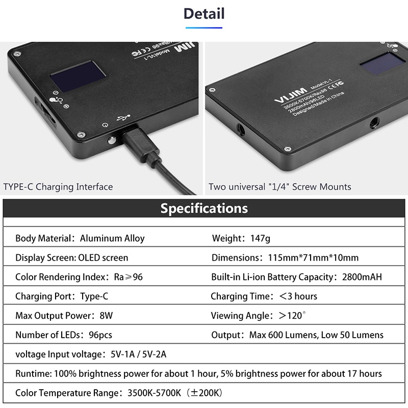 Ultra Thin Dimmable LED Video Light 96 Pcs CRI96 OLED Display with Battery On Camera DSLR Photography Lighting Fill Light